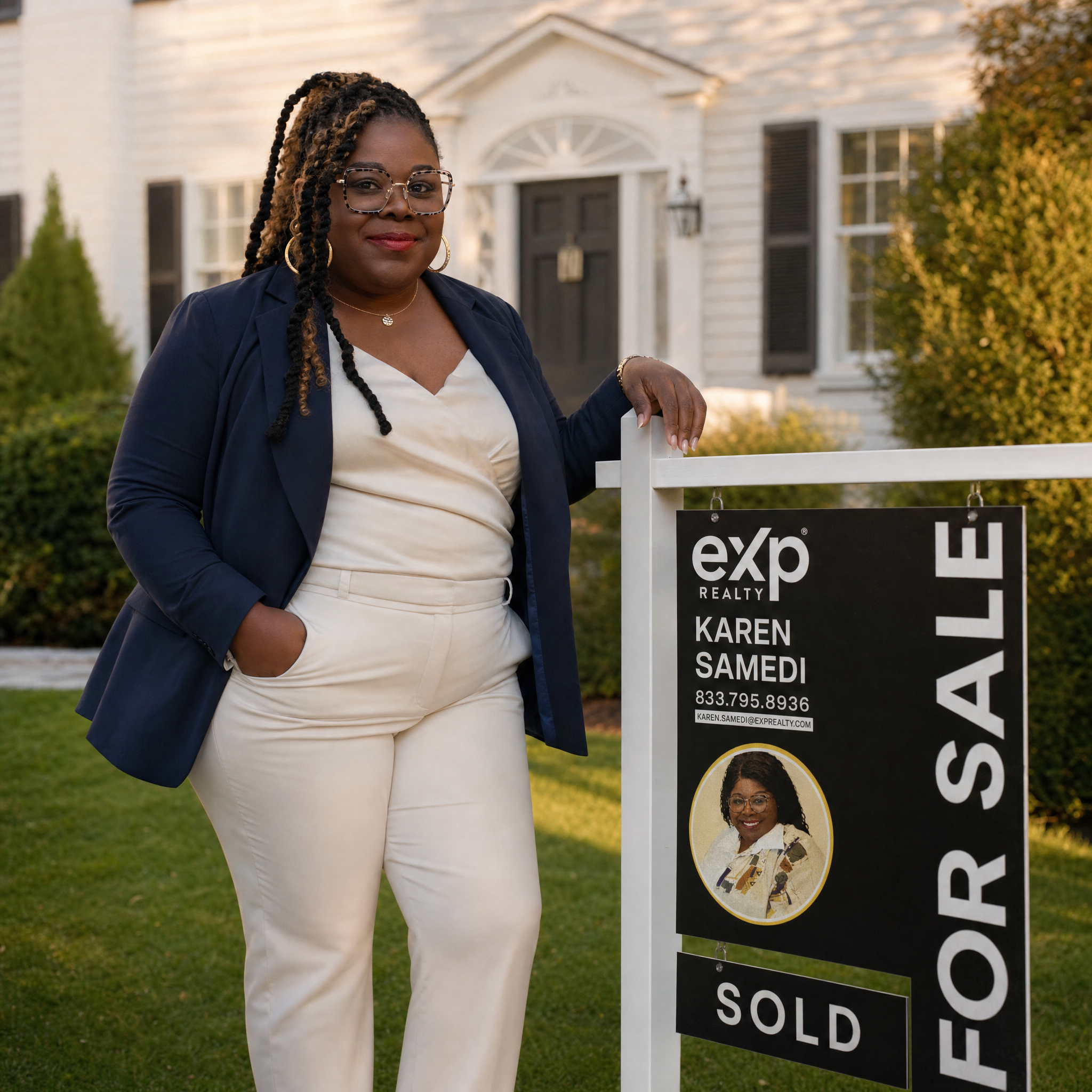 Karen Samedi, REALTOR® with eXp Realty, standing beside a SOLD sign outside a Massachusetts home